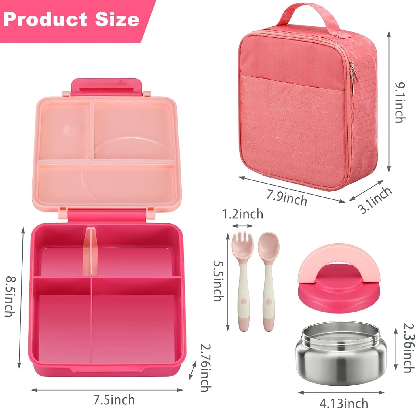 Bento Lunch Box Set for Kids with 8oz Soup Thermo, Leak-Proof Lunch Containers with 4 Compartment, Kids Thermo Hot Food Jar and Insulated Lunch Bag for Kid to School-Black