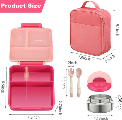 Bento Lunch Box Set for Kids with 8oz Soup Thermo, Leak-Proof Lunch Containers with 4 Compartment, Kids Thermo Hot Food Jar and Insulated Lunch Bag for Kid to School-Black