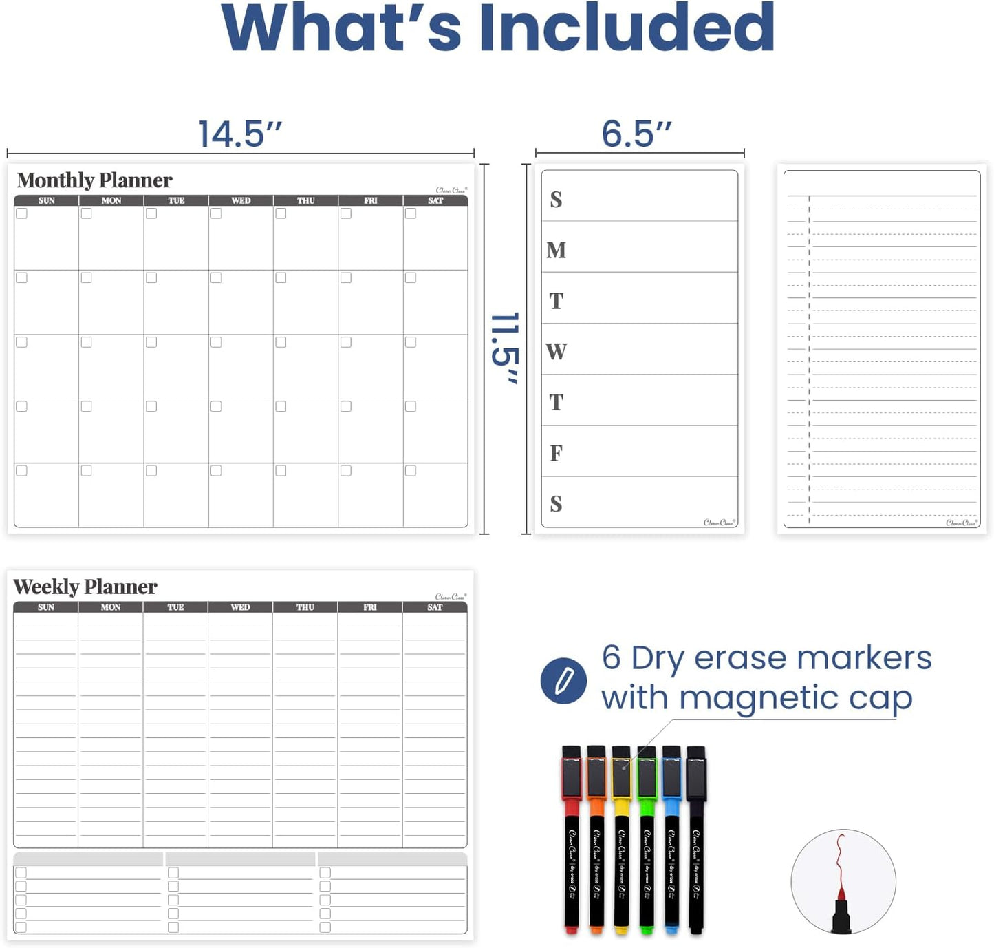 Non-Magnetic Dry Erase Calendar Set for Fridge - 14.5“x11.5 Reusable Monthly and Weekly Calendar - 6.5"x11.5" Menu and List Board Sticks to Most Smooth Surfaces - 6 Dry Erase Markers Included