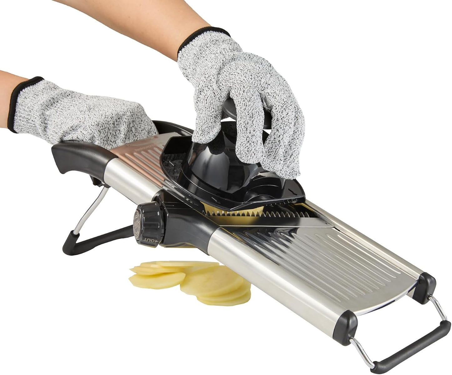 Restaurantware Stainless Steel Adjustable Mandoline Slicer - German Standard Vegetable Slicer with Blade Guard, Includes Cut-Resistant Gloves - Food Slicer for Potato, Onions, Cucumbers, Tomato
