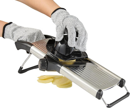 Restaurantware Stainless Steel Adjustable Mandoline Slicer - German Standard Vegetable Slicer with Blade Guard, Includes Cut-Resistant Gloves - Food Slicer for Potato, Onions, Cucumbers, Tomato