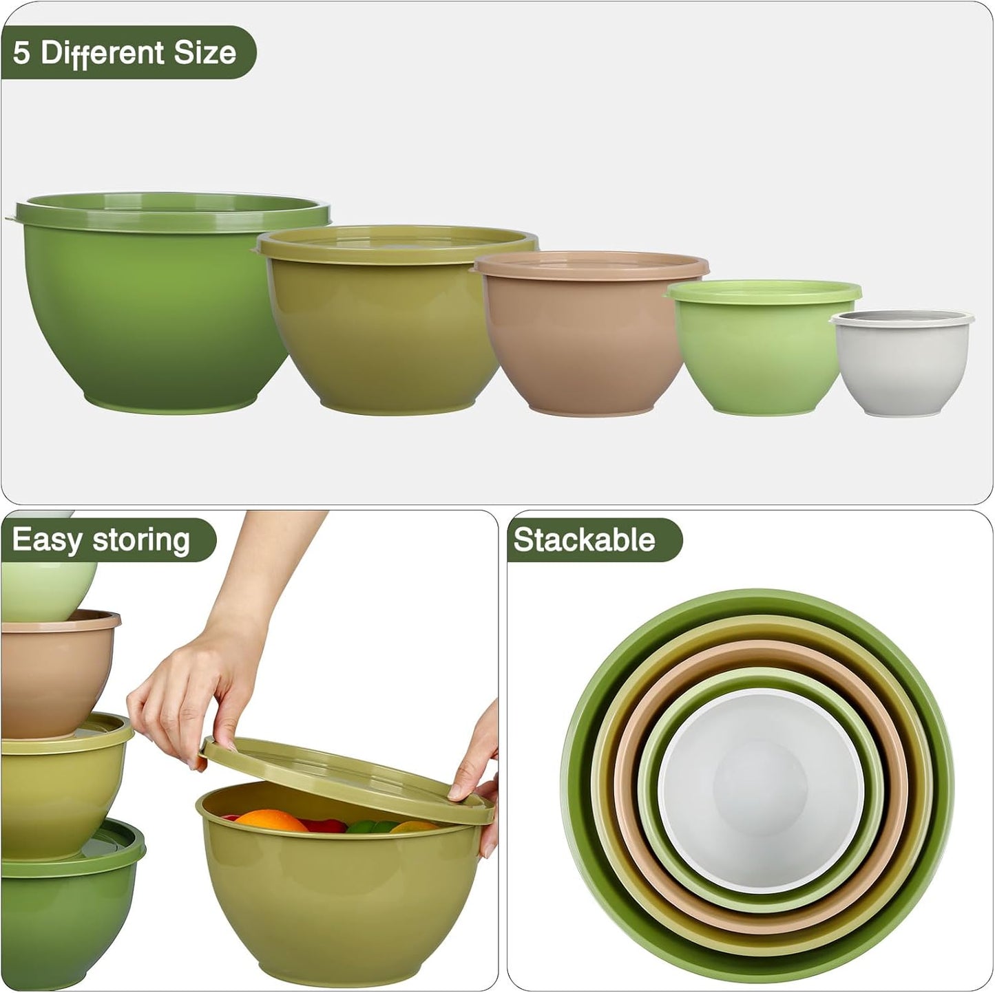 Greentainer Plastic Mixing Bowls with Lids Set for Kitchen, 5 Set Nesting Bowls for Mixing, Baking, Prepping, Cooking and Serving Food, Mixing Bowls Dishwasher, Microwave Safe