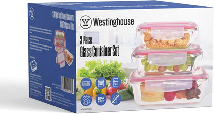 Westinghouse 3-Piece Glass Food Storage Container Set with Airtight Lids - BPA-Free, Stackable, Leakproof, Freezer, Microwave, Oven & Dishwasher Safe Meal Prep Containers - 370ml 640ml 1050ml