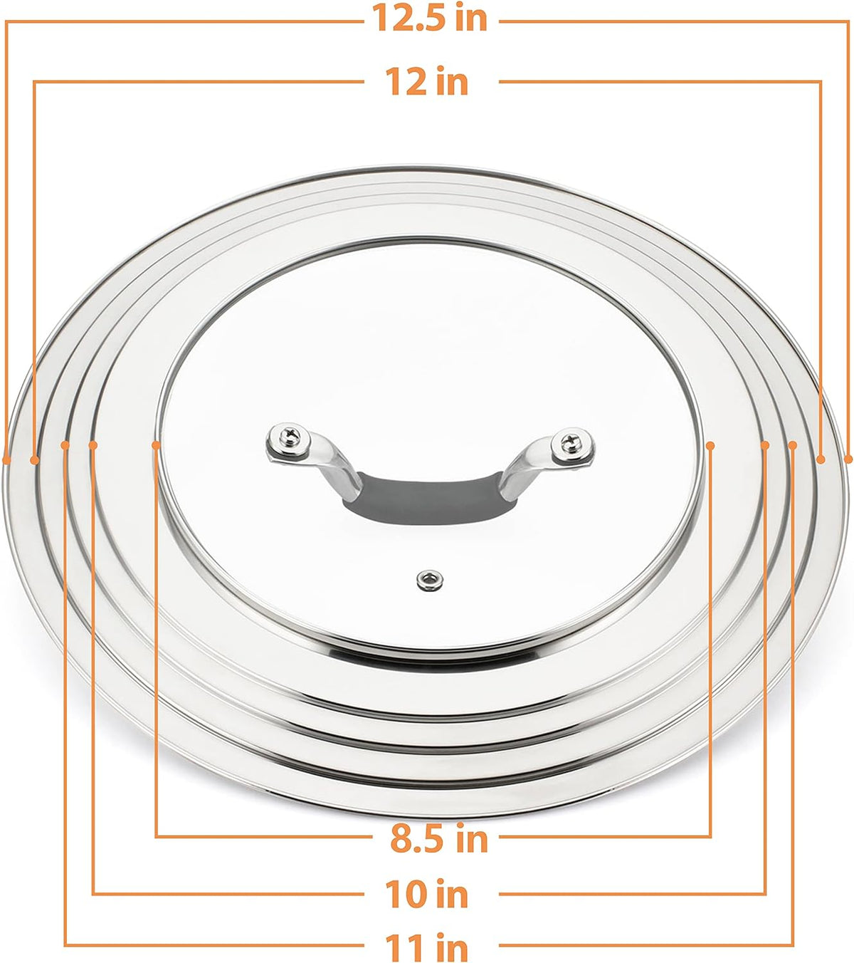 Stainless Steel Universal Lid for Pans Pots Fits 8.25 9 10 11 12 Inch Cast Iron Skillets Frying Pans Woks - Design with Heat Resistant Handle and Vent Hole - Black Handle