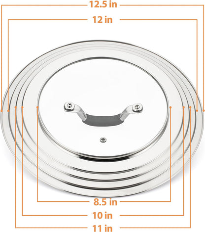 Stainless Steel Universal Lid for Pans Pots Fits 8.25 9 10 11 12 Inch Cast Iron Skillets Frying Pans Woks - Design with Heat Resistant Handle and Vent Hole - Black Handle