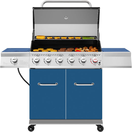 Royal Gourmet GA6402S 6-Burner Propane Gas Grill with Side Burner and Warming Rack, 74,000 BTUs, Cabinet Style Outdoor BBQ Grill for Barbecue Grilling & Backyard Cooking, Silver