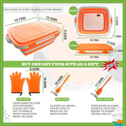 Collapsible BBQ Prep Tub with Lid & Cutting Board 8L - Meat Marinating Basin & Grill Carry System - 5pc Set with Heat Resistant Gloves, Basting Brush & Spatula(Black, Large, 8L)