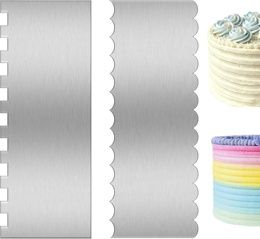 2 Pcs Stainless Metal Cake Scraper Smoother， 8.6 Inch Double Sided Patterned Edge Cake Decorating Supplies Spatula Frosting Icing Tools Comb for Buttercream, Frosting, Mousse, and Baking Projects