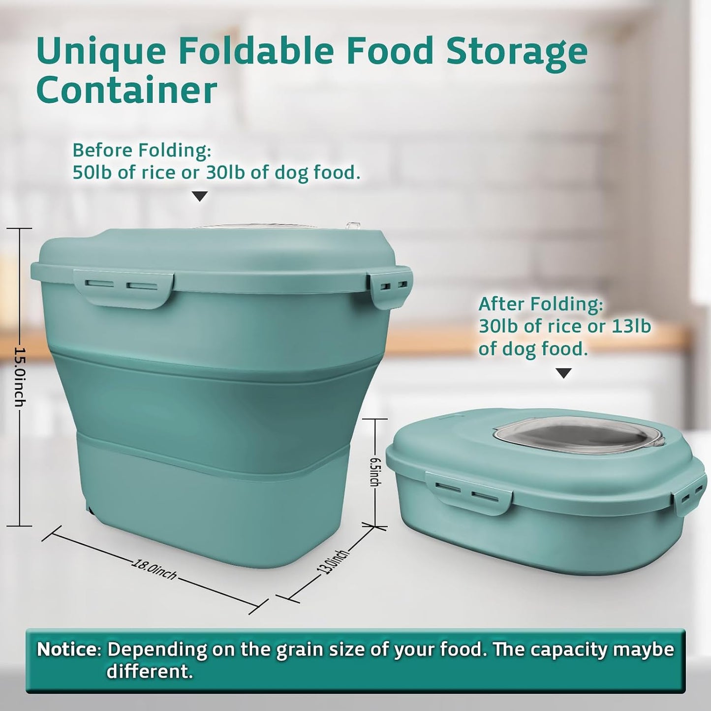 Komzon Rice Storage Bin Cereal Containers, 13-50lb Collapsible Rice Container Dispenser with Transparent Lid, Rolling Wheels, Measuring Cup and Scoop, Airtight Dog Cat Pet Food Storage Container White