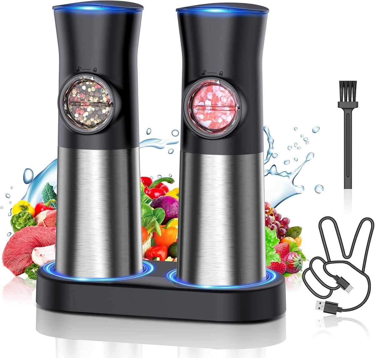 Gravity Electric Salt and Pepper Grinder Set, USB Rechargeable Automatic Salt and Pepper Grinders with Charging Base, Adjustable Coarseness, One-Handed Operation, LED Light, Stainless Steel