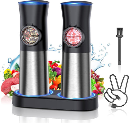 Gravity Electric Salt and Pepper Grinder Set, USB Rechargeable Automatic Salt and Pepper Grinders with Charging Base, Adjustable Coarseness, One-Handed Operation, LED Light, Stainless Steel
