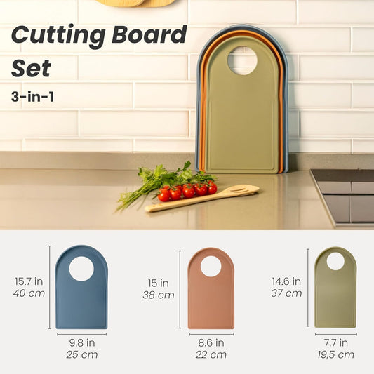 Vigar Cutting Board Set of 3, Kitchen Boards in Assorted Sizes and Colors, Non-Slip and Dishwasher Safe, Multipurpose Chopping Boards for Different Food Types, Essentials for Apartment or House