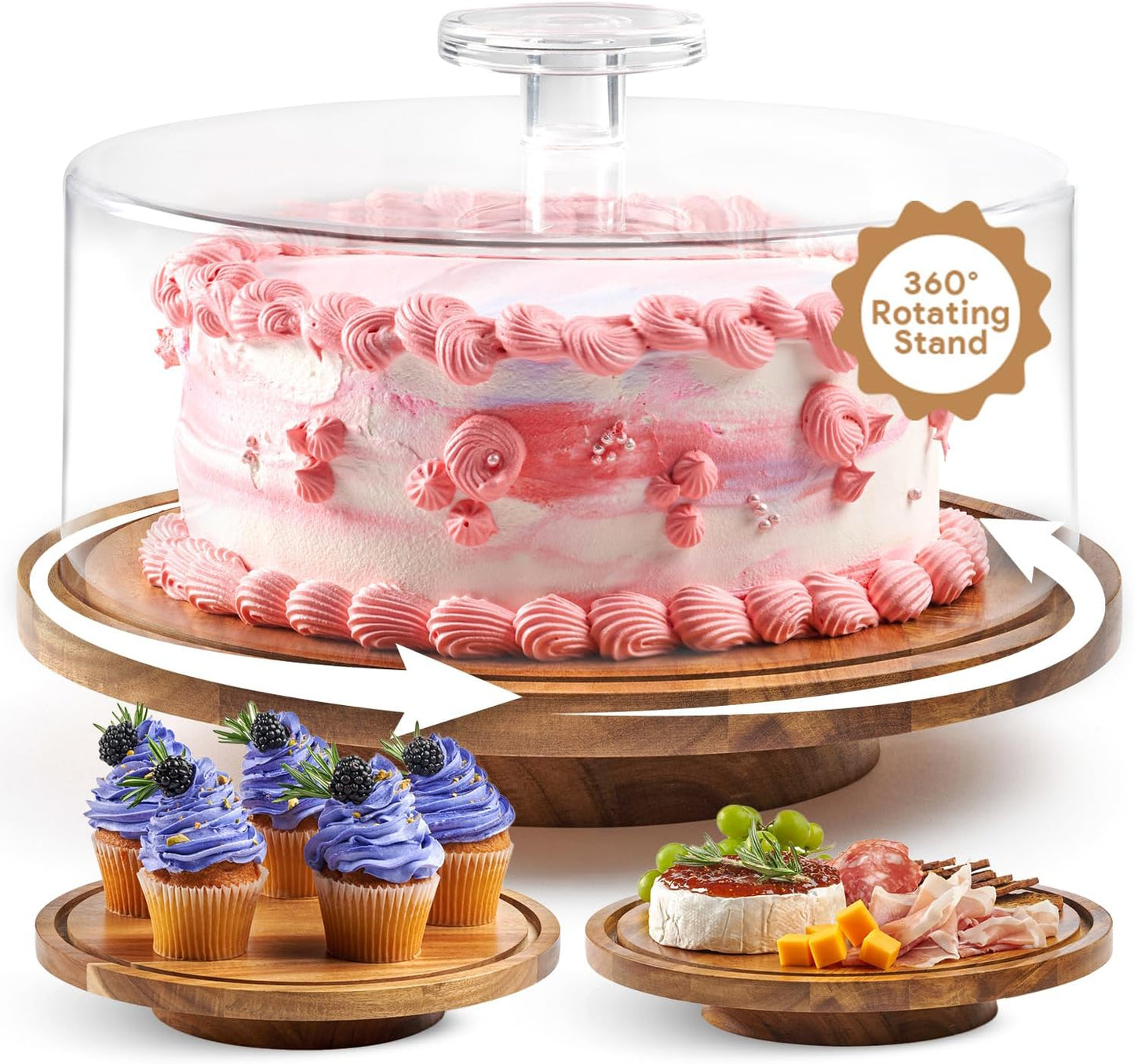 HOMESPHERE Acacia Wood Cake Stand with Lid - Cake Stand with Dome,12in Round Cake Holder, 2-in-1 Dessert Table Display Set & Charcuterie Board for Cheese, Chips & Dips, Fruit Platter, Large Acrylic Cake Dome Cover