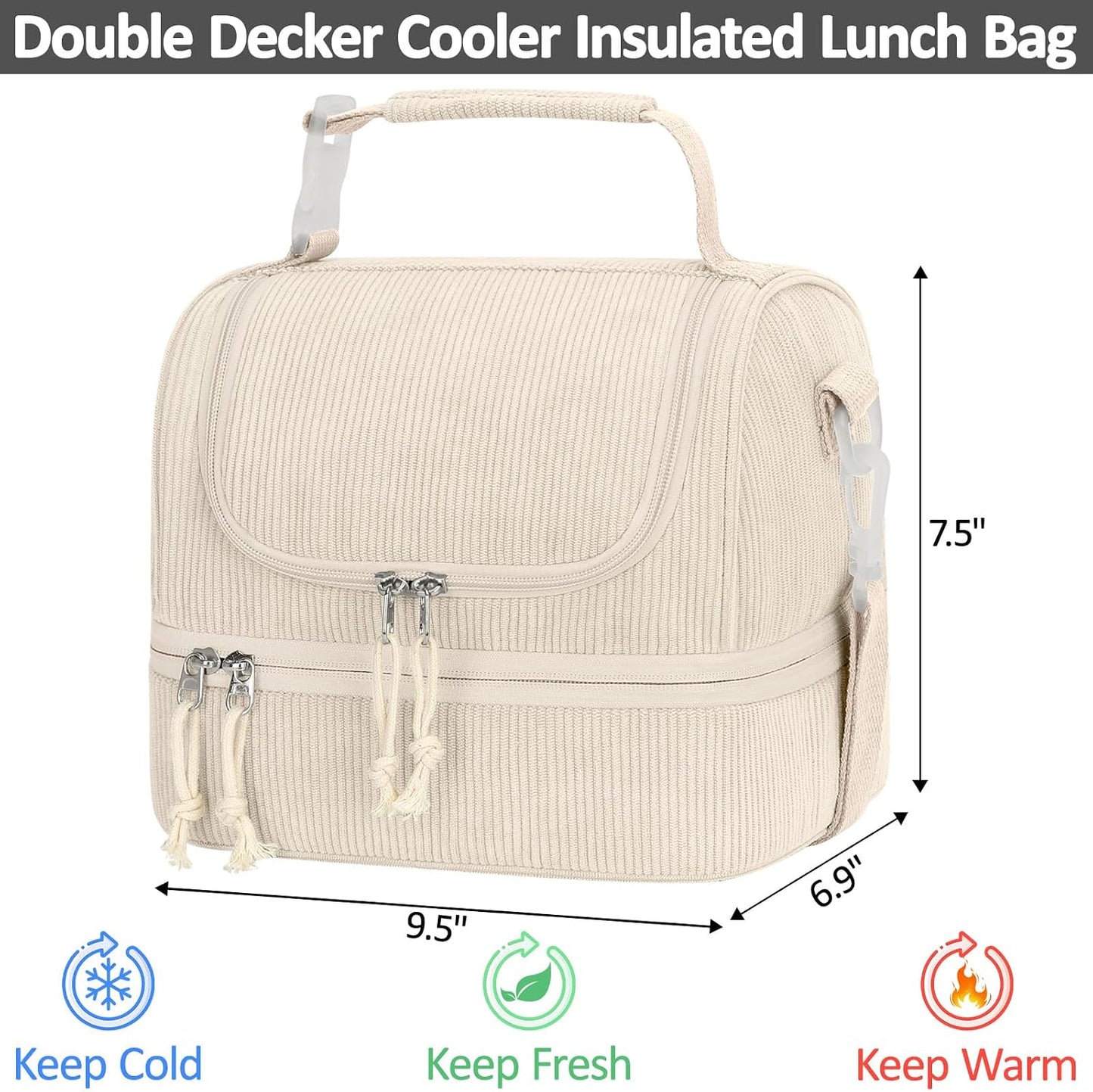 Vankor Corduroy Lunch Box Kids Insulated Lunch Bag Double Decker, Cute Leak-Proof Lunch Box for Boys Girls, Portable Cooler Lunch Bag Thermal Lunch Tote for School Picnic Travel, Light Blue