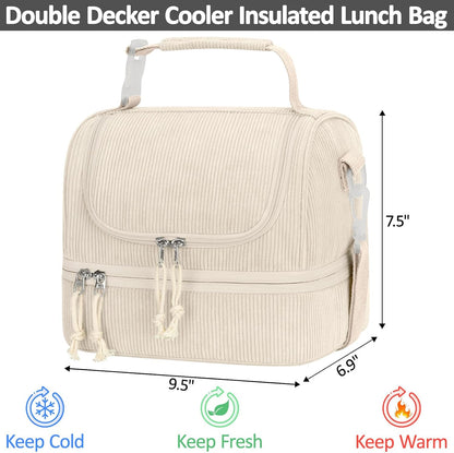 Vankor Corduroy Lunch Box Kids Insulated Lunch Bag Double Decker, Cute Leak-Proof Lunch Box for Boys Girls, Portable Cooler Lunch Bag Thermal Lunch Tote for School Picnic Travel, Light Blue