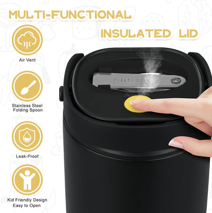 2 - in - 1 Soup Thermo for Hot Food 14oz with Snack Box Container Leak Proof Insulated Lunch Container Kids and Adults Stainless Steel Double Wall Vacuum Wide-mouth Thermal with Spoon and Handle