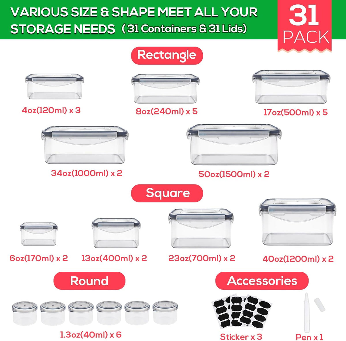 50 PCS Thicker Food Storage Containers with Lids, Clear Stackable Airtight Leakproof Reusable Plastic Meal Prep Container Set for Kitchen Storage/ Lunch, Fridge/ Microwave Safe with Labels&Pen