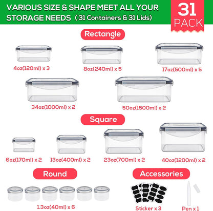 50 PCS Thicker Food Storage Containers with Lids, Clear Stackable Airtight Leakproof Reusable Plastic Meal Prep Container Set for Kitchen Storage/ Lunch, Fridge/ Microwave Safe with Labels&Pen