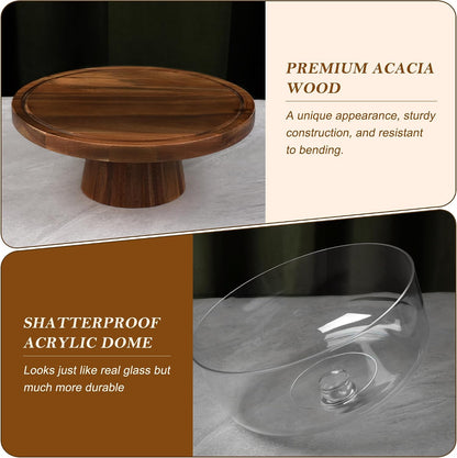 Bellsal Cake Stand with Dome Lid, 12in Acacia Wood Cake Plate with Cover, Wooden Cake Display Stand with Acrylic Dome, Cake Decorating for Baking Gift