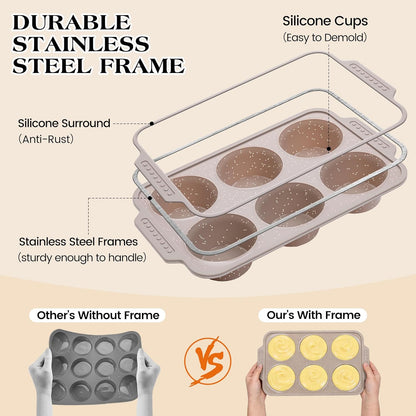 2 Pcs Silicone Muffin Pans for Baking with Metal Reinforced Frame, Nonstick Cupcake Tray for Oven, 12 Cups Regular Size Silicone Molds for Egg Bites, Dishwasher Safe (Brown, Cream)