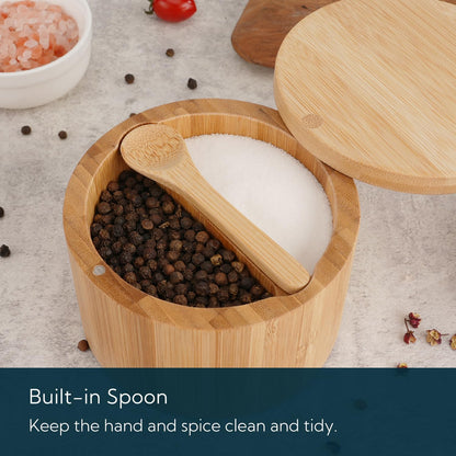 KITCHENDAO Acacia Wood Salt and Pepper Bowl Box, Built-in Spoon, Two Compartments Spice Seasoning Container, Sea Salt Cellar Holder, Magnetic Swivel Lid, Dual 5oz Capacity