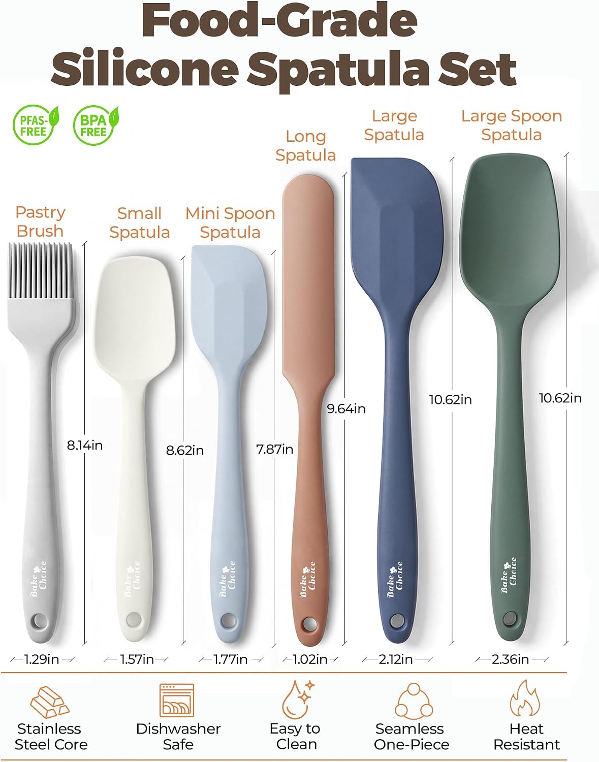 Bake Choice 6-Piece Silicone Spatula Set, Solid Steel Core, Heat Resistant