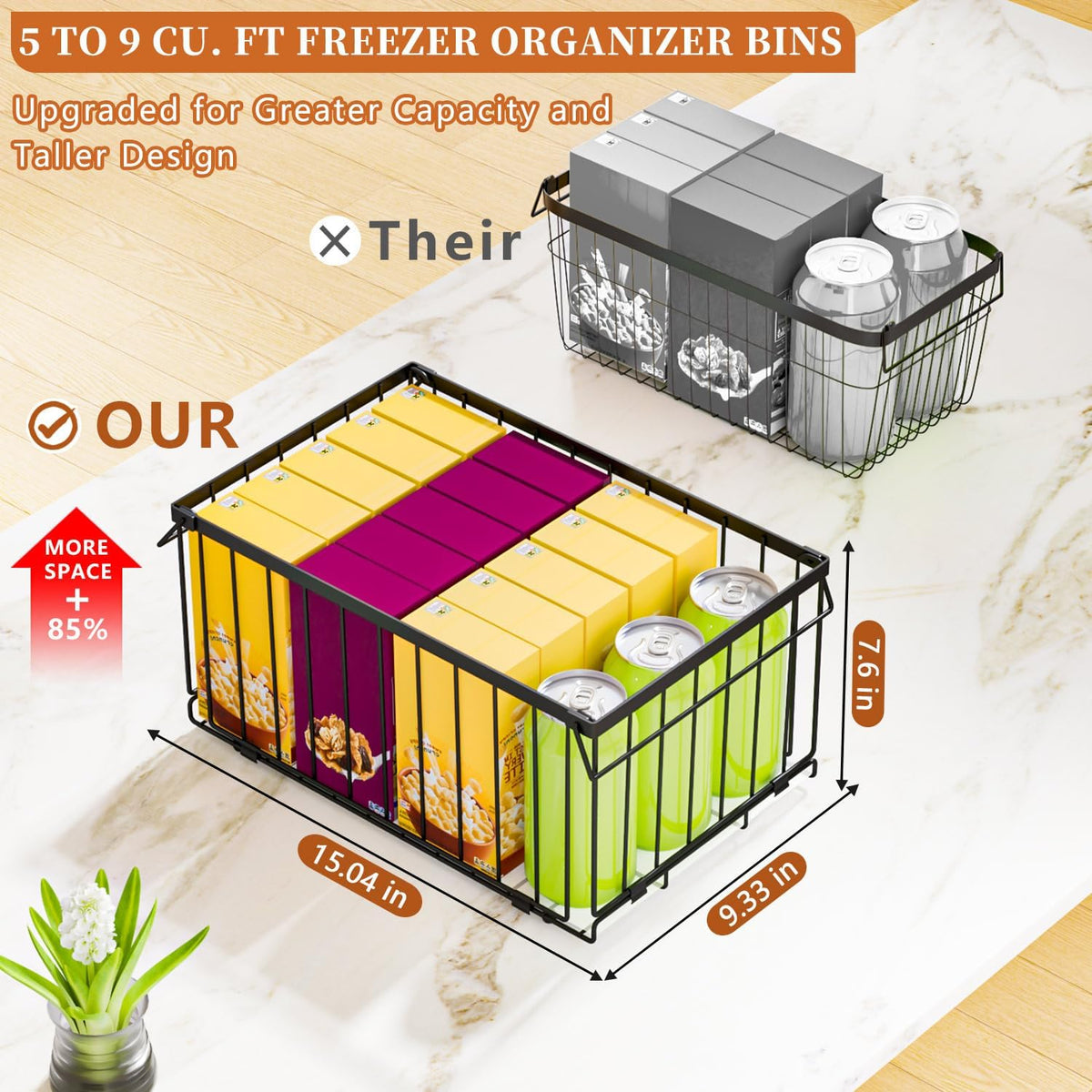 Large Freezer Organizer Bins, Upgrade Quick Expand/Collapse Feature, for 5-9 Cu.Ft Deep Freezer, 3 Pack Stackable Deep Freezer Organizer Bins, Black Wire Foldable Baskets (Black 3 Pack)