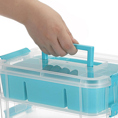JUXYES 4-Tiers Plastic Stack Carry Storage Containers Box wih Handle Lids | Clear Stackable Latching Storage Bin With 2 Tray for School Office, Organizing Sewing, Art Craft, DIY Supplies, Blue