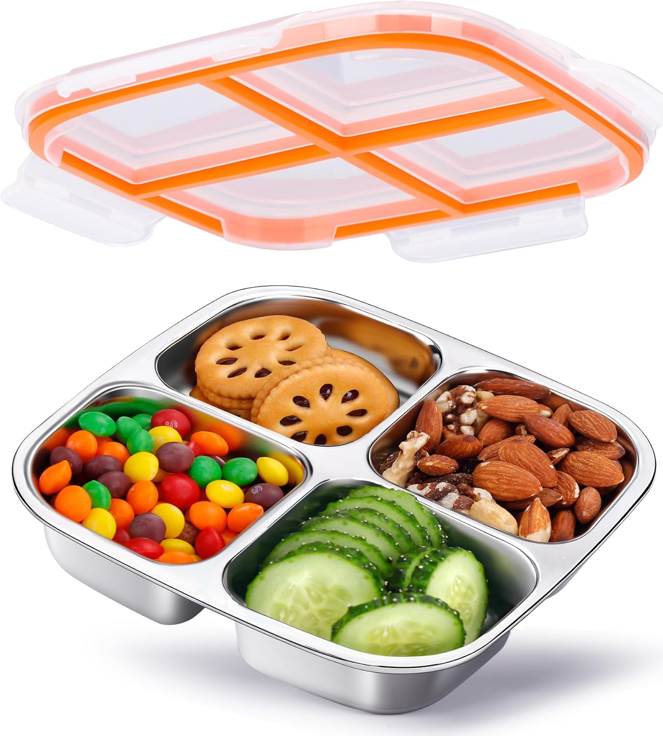 KTKUDY 3 Pack Stainless Steel Snack Containers - Divided Bento Snack Box - 4 Compartment Meal Prep Lunch Containers for Kids Daycare, School, Work, Travel