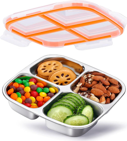KTKUDY 3 Pack Stainless Steel Snack Containers - Divided Bento Snack Box - 4 Compartment Meal Prep Lunch Containers for Kids Daycare, School, Work, Travel
