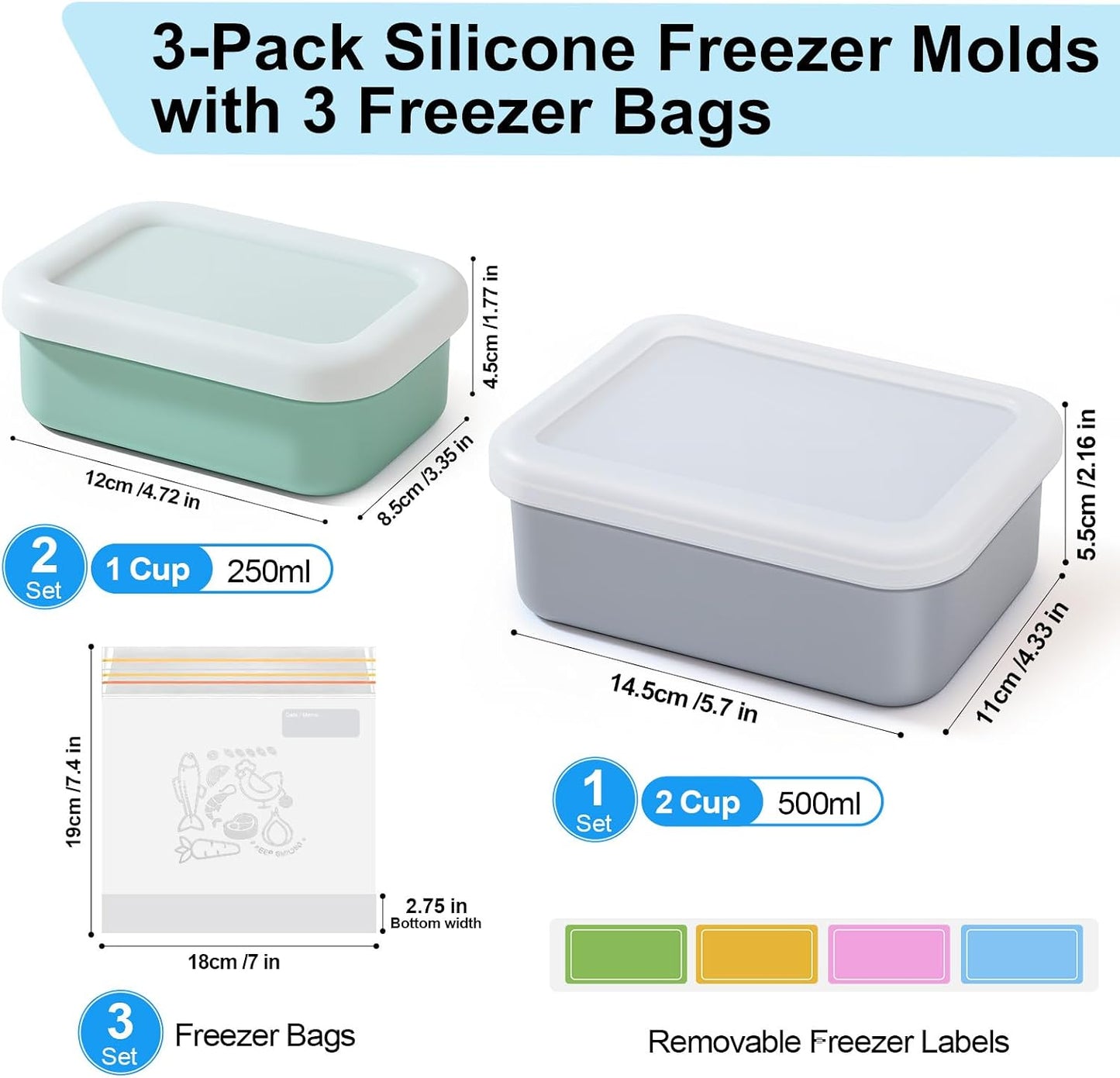 Silicone Freezer Trays with Lid, 1 & 2 Cup Meal Prep Molds 4 Pack | Portion Control Soup Containers | Airtight Stackable Freezer Cubes | BPA-Free Dishwasher Oven Safe, with Freezer Bags& Labels