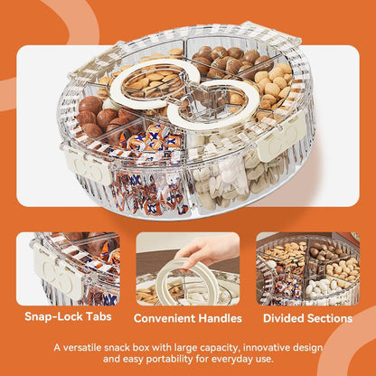 Koja Rotating Snackle Box Container with Lid - Portable Divided Serving Tray for Snacks, Nuts, Candy, Charcuterie, Veggies & Fruit - 360° Turntable Food Organizer (Beige, 7-Compartment)