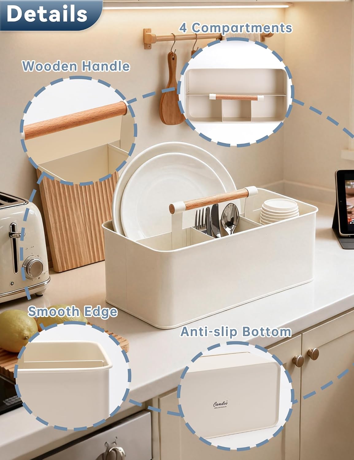 Caddy Organizer with Wooden Handle, Metal Utensil Caddy with 4 Compartments, Picnic Caddy Paper Plate Organizer Utensil Holder for Party