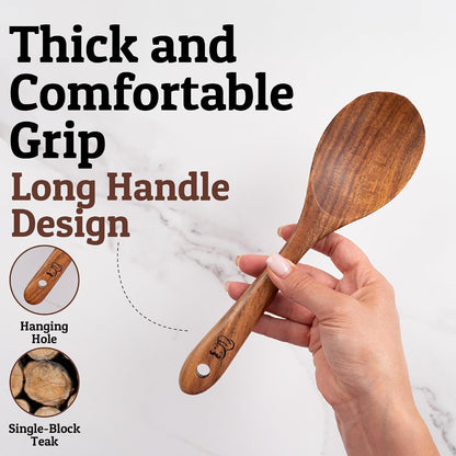 PriorityChef Wooden Slotted Spoon - Premium Teak Cooking Utensil for Frying, Straining & Serving - Long Handle Kitchen Spoon for Nonstick Cookware - Handcrafted Durable Wood