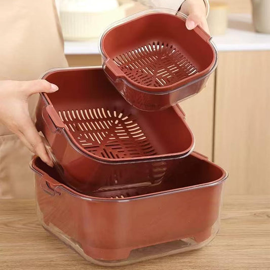 3 Pcs Set Double-Layer Plastic Colander, Large Capacity Food Strainers, Fruits Vegetable Washing Draining Basket, Detachable and Stackable Multi-Layer Strainer Bowl, Easy to Clean for Kitchen (Brown)
