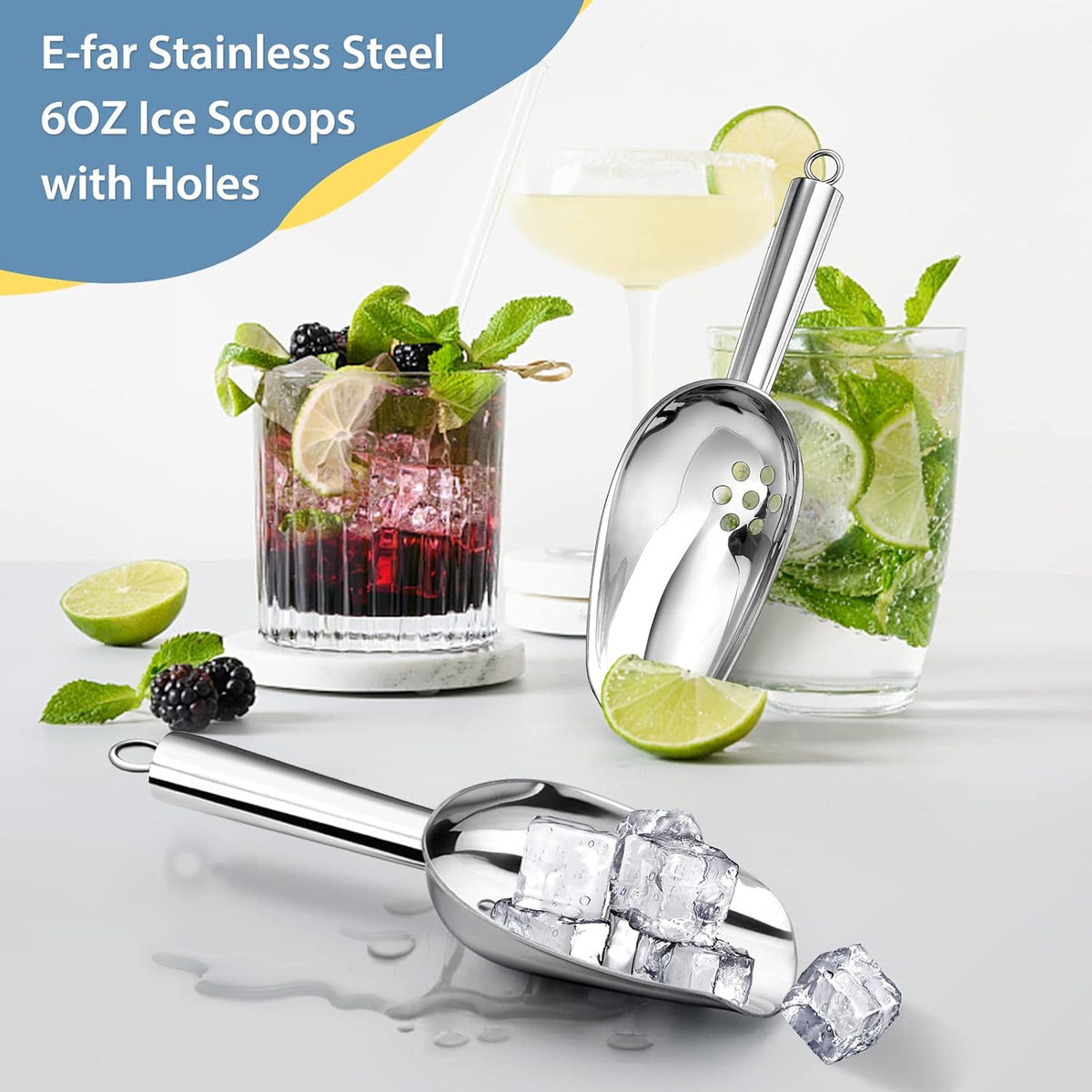 E-far Ice Scoops with Holes, 2 Pcs 6 Oz Stainless Steel Scoops for Freezer