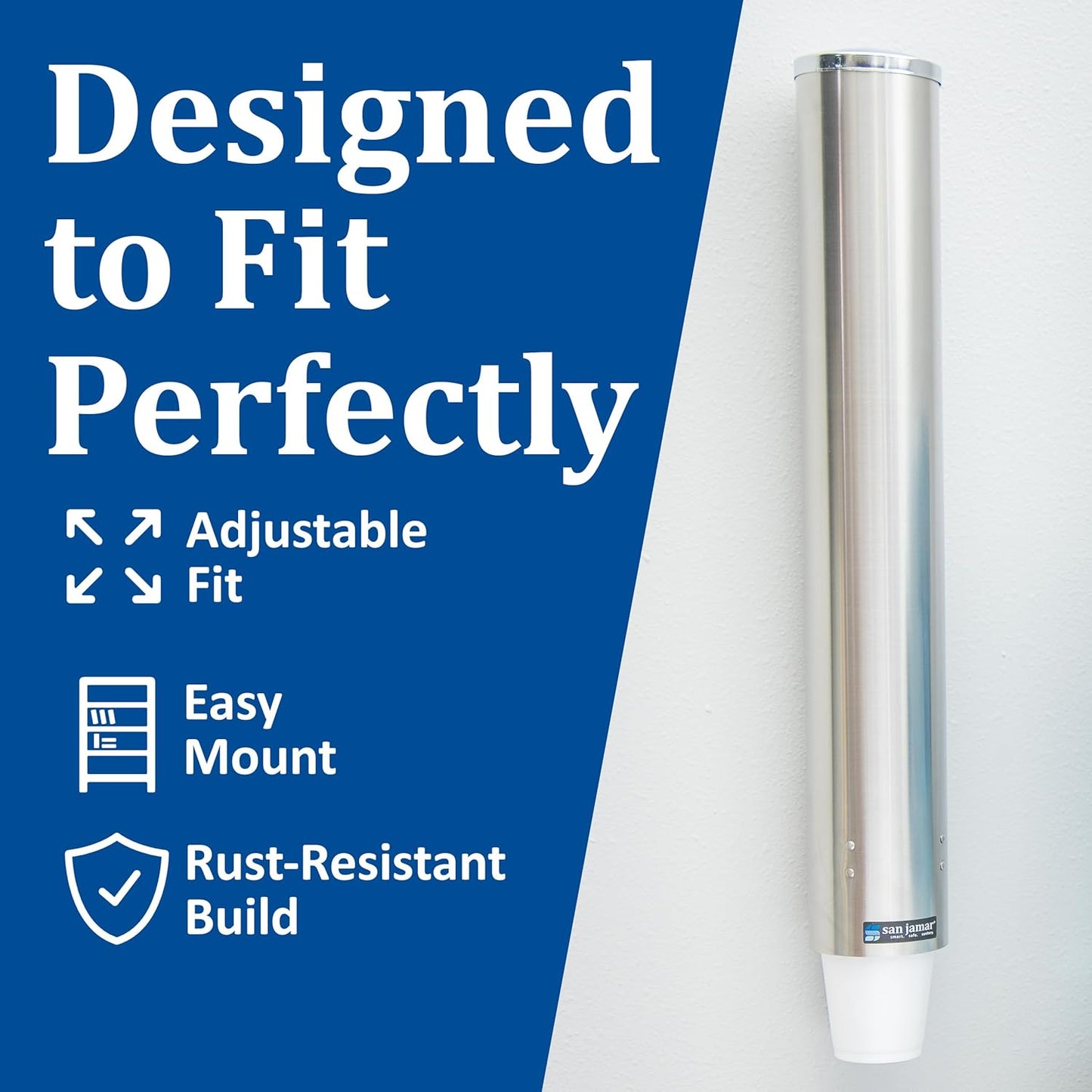 San Jamar 23.5" Pull Type Cup Dispenser – Stainless Steel 12 to 24 Oz Cup Holder with Flip Cap for Restaurants, Dining Halls, Fast Food Beverage Stations, Silver