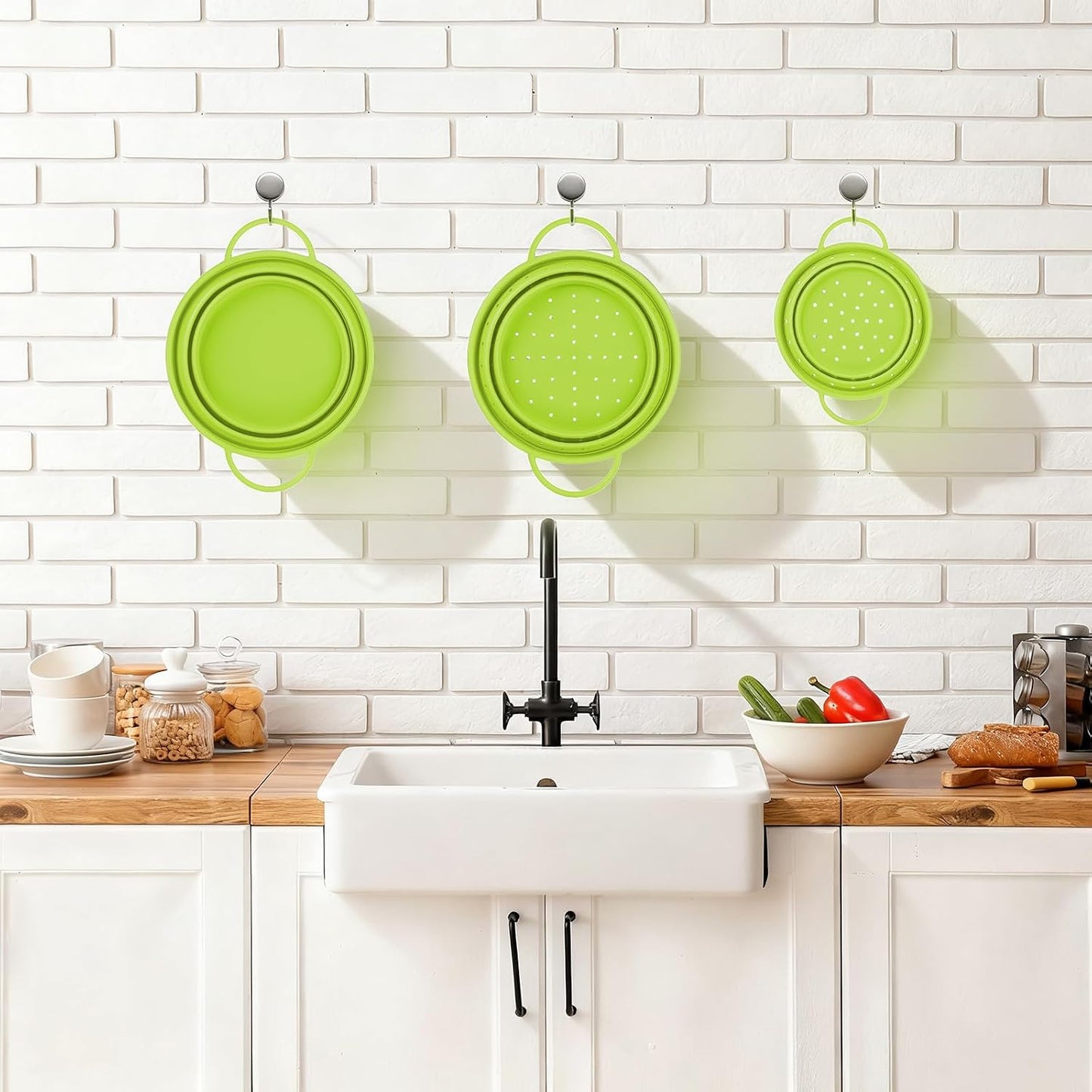 3 Pack Collapsible Colander with Strainer Bowl Set, 11 & 13 In BPA-Free Silicone Colanders for Kitchen, Heat-Resistant Strainer Dishwasher Safe Baskets for Vegetable Fruits(White)