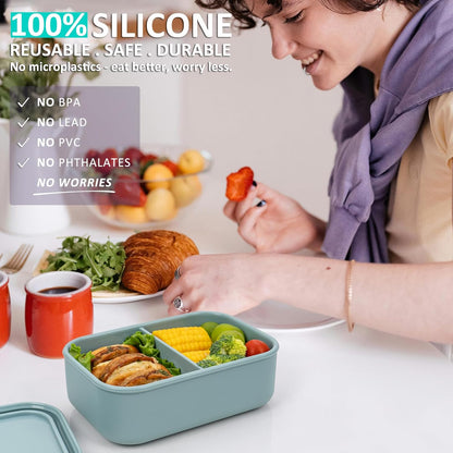 Silicone Bento Box Adult Lunch Container, 3 Compartment Container, Food Grade Silicone Bento Lunch Box for Work Travel Meal Prep, Leak-proof Food Storage Container（1 Pack Nile Blue）