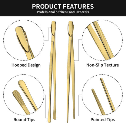 DEHOV 12 Inch Gold Stainless Steel Kitchen Tweezers For Cooking Tongs Set of 2, Metal Long Food Tweezers, BBQ Grill Tongs For Pasta