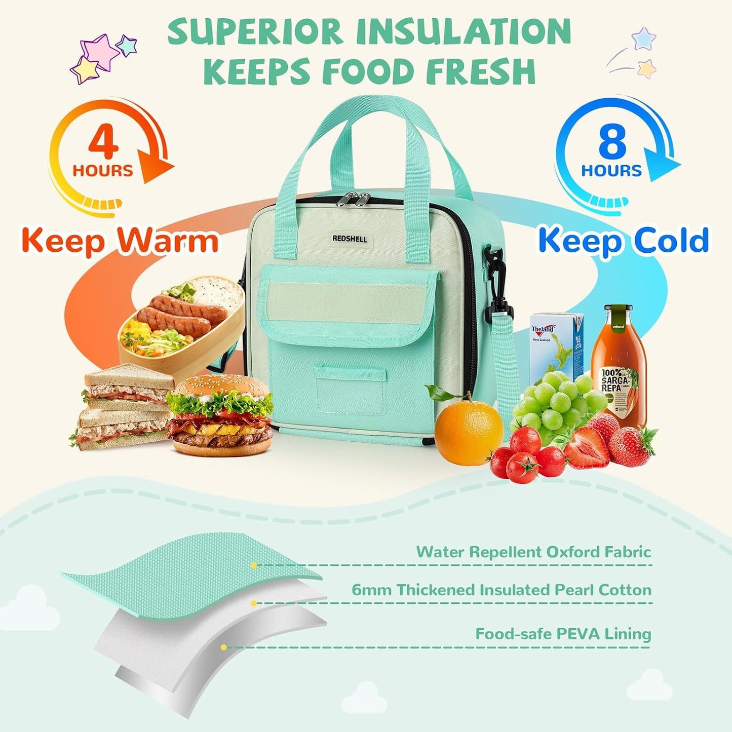 REDSHELL Tactical Lunch Box Kids, Large Insulated Lunch Bag for Boys Girls, Cooler Lunchbag, Square Toddler Lunchbox, School Daycare Lunch Tote Pail with Water Bottle Holder Shoulder Strap, Blue