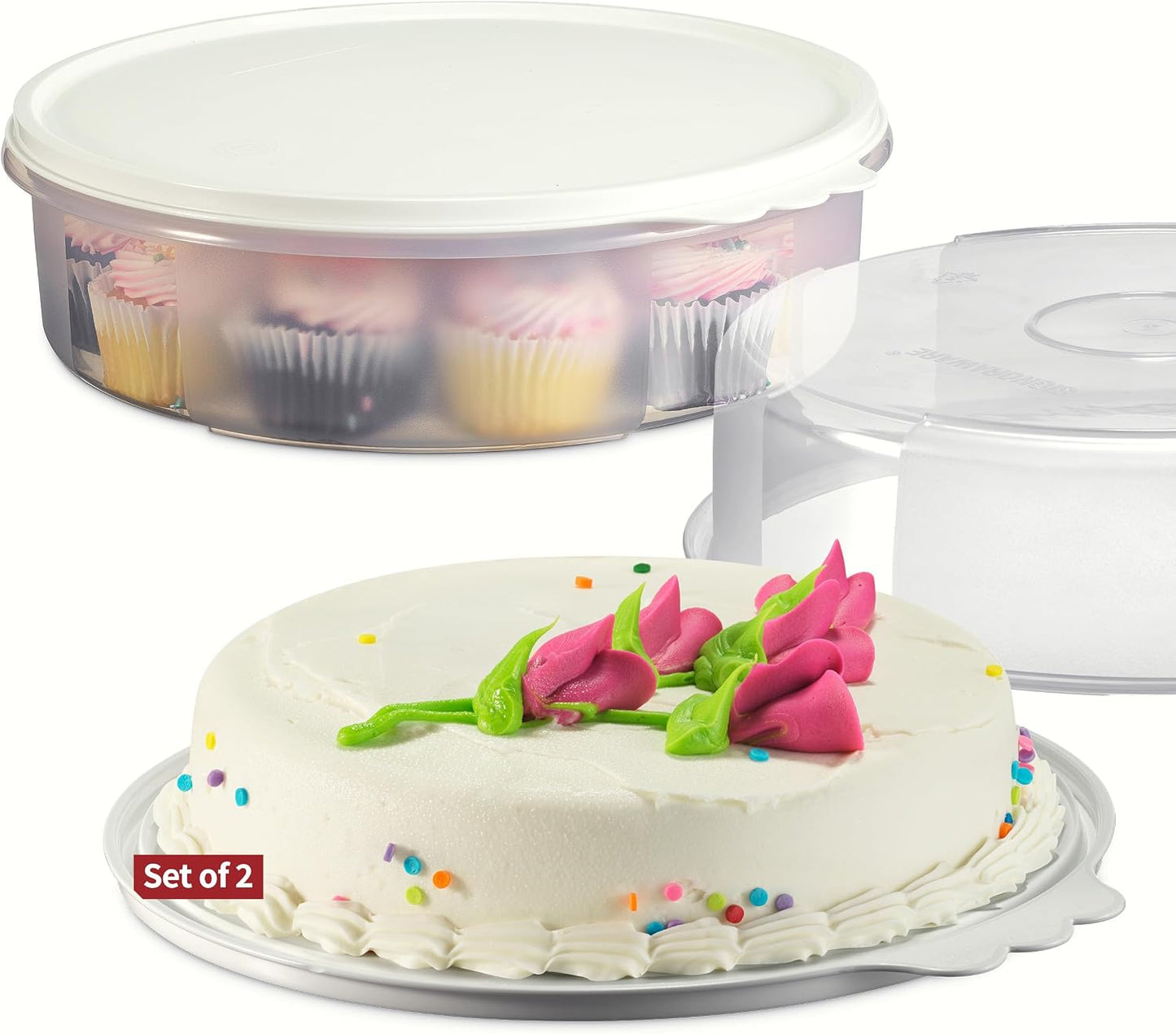 SIGNORA WARE Pie Carrier with Lid – 2-Piece Multipurpose Cupcake Carrier Pie Carrier for 2 Pies – 11 Inch Plastic Round Cake Holder with Lid – Semi-Transparent Airtight Pie Carriers for Transport