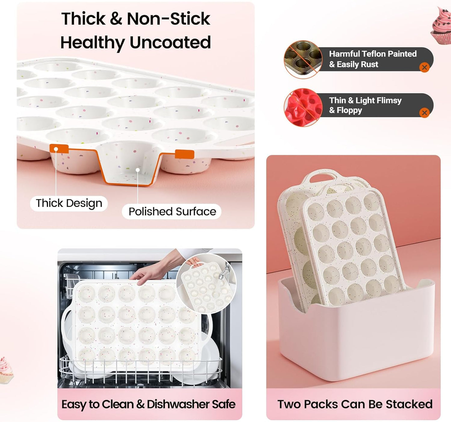 Silicone Muffin Pans With Metal Reinforced Frame - 24 Cups Durable Silicone Baking Pan for Muffins, Cupcakes, BPA Free and Dishwasher Safe - Beige with Rainbow Spots, Set of 2
