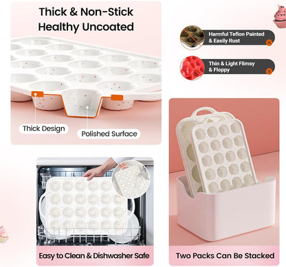 Silicone Muffin Pans With Metal Reinforced Frame - 24 Cups Durable Silicone Baking Pan for Muffins, Cupcakes, BPA Free and Dishwasher Safe - Beige with Rainbow Spots, Set of 2
