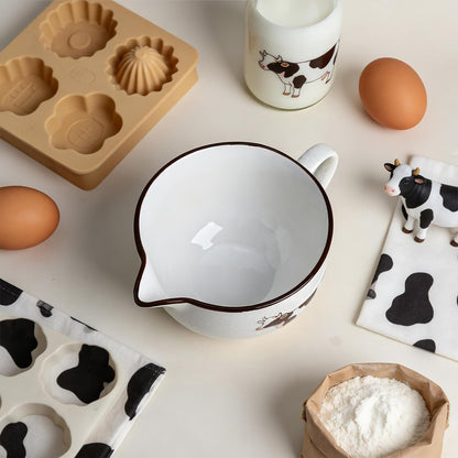 Gaolinci Cow Embossed Ceramic Mixing Bowl, 1 Quart Batter Bowl, with Pouring Spout and Handle