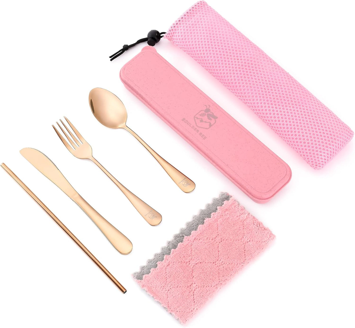 Boulder Bee | Travel Utensils Set | Reusable Camping Cutlery Set | Stainless Steel Flatware Set | Portable Silverware Set with Case | Includes Knife/Fork/Spoon/Straw/Cleaning Cloth/Case (Purple)