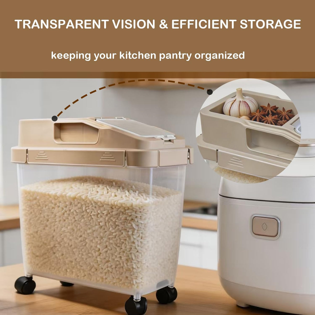 Rice Storage Container with Measuring Cup, Large-Capacity Sealed Moisture-Proof Kitchen Flour & Grain Container, Space-Saving Pet Food Storage Box with Wheels for Easy Organization