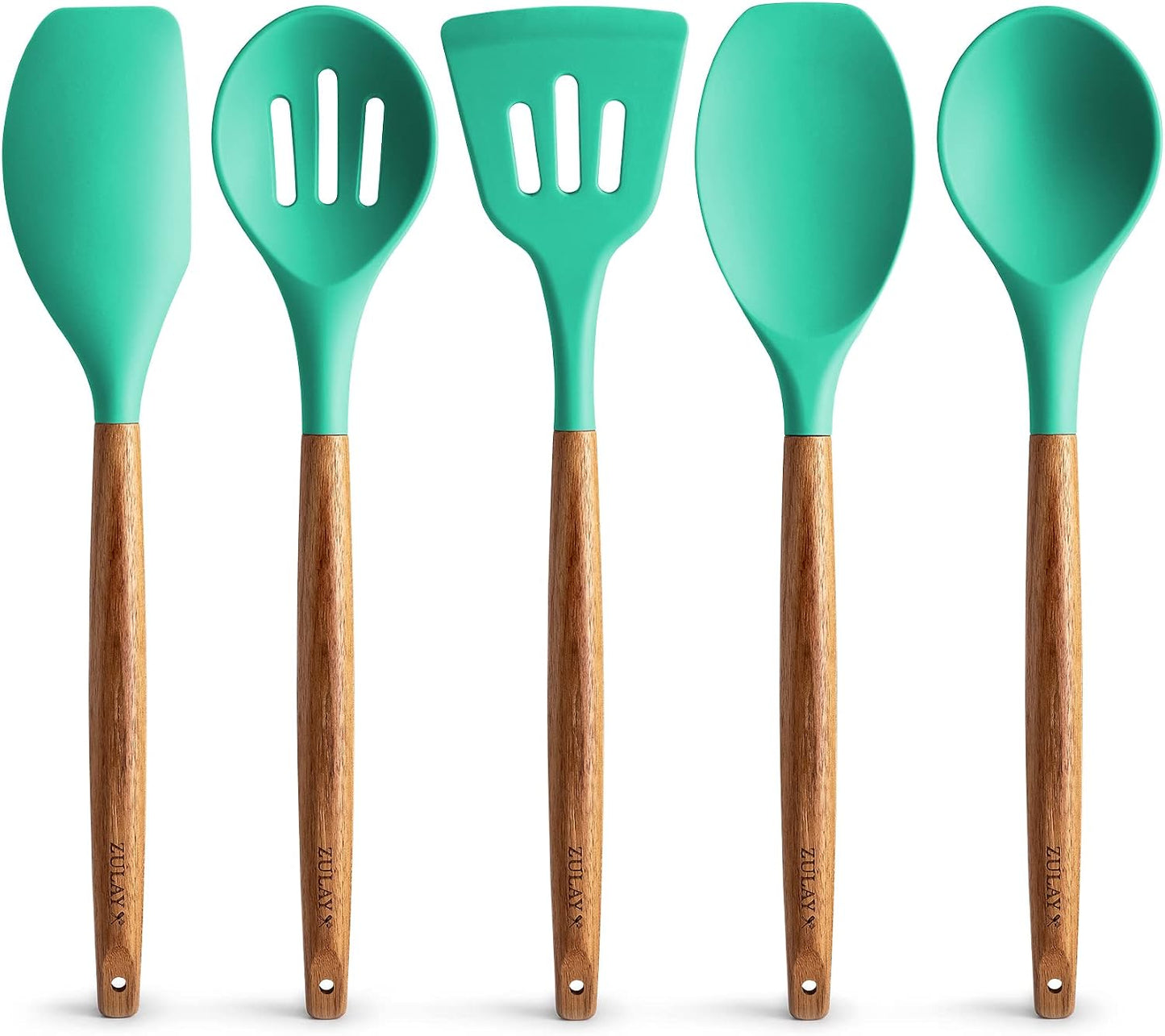 Zulay Kitchen Utensils Set Non-Stick Silicone Cooking Utensils Set with Authentic Acacia Wood Handles - 5 Piece Silicone Utensil Set - Kitchen Utensils Set with 464°F Heat Resistance - Gray