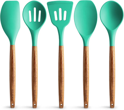 Zulay Kitchen Utensils Set Non-Stick Silicone Cooking Utensils Set with Authentic Acacia Wood Handles - 5 Piece Silicone Utensil Set - Kitchen Utensils Set with 464°F Heat Resistance - Gray