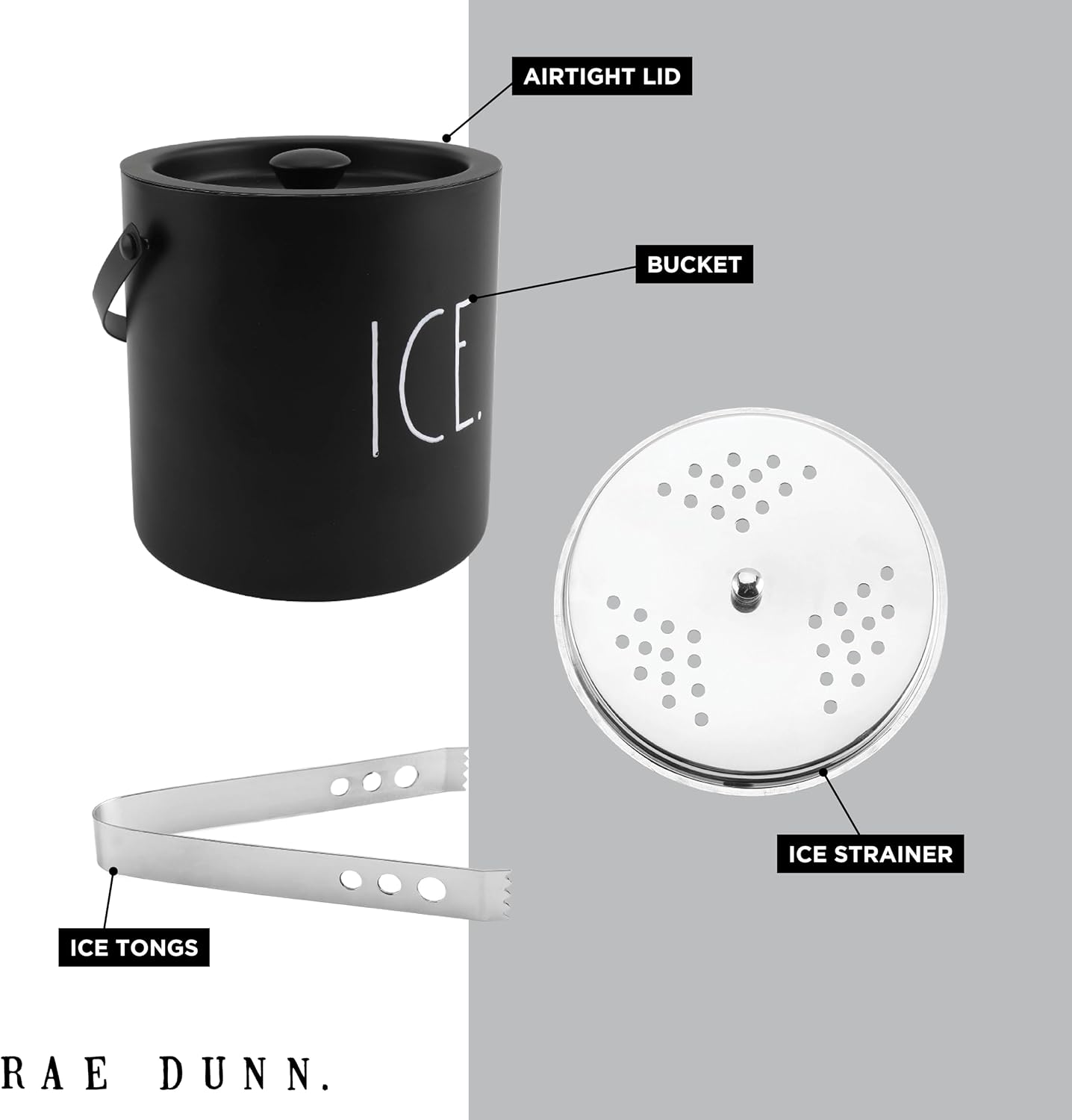 Rae Dunn Ice Bucket with Scoop - Stainless Steel Bucket with Handle, Lid and Ice Scooper - 4 Qt. Storage Bin for Ice Cubes for Bars, Parties, Backyard Barbeques, Picnics, and Camping (Black)